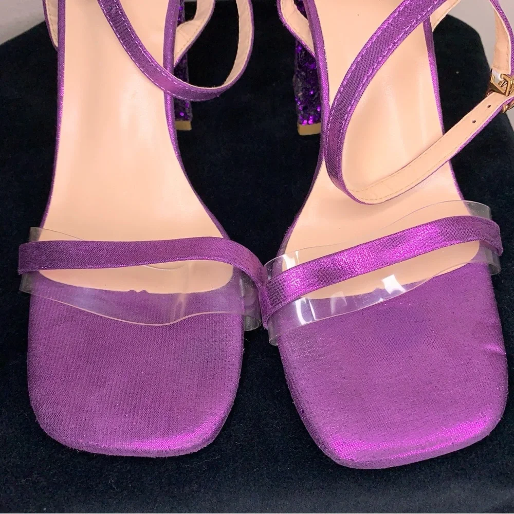 Y2K Era Size 6 Purple Glitter Chunky Heel Shoes Party Event Prom Square Toe